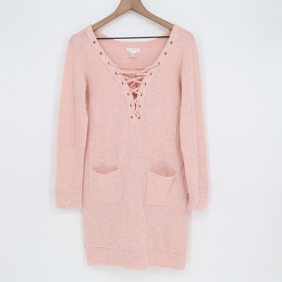 VENUS Dresses & Skirts - Venus Tunic Dress Womens S Lace-Up V-Neck Peach Marled Knit Long Sleeve